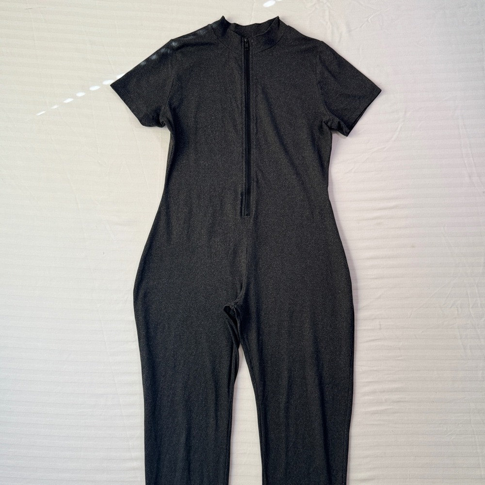 Y2K Charcoal Mock Neck Zip Front Bodycon Jumpsuit Catsuit Size L